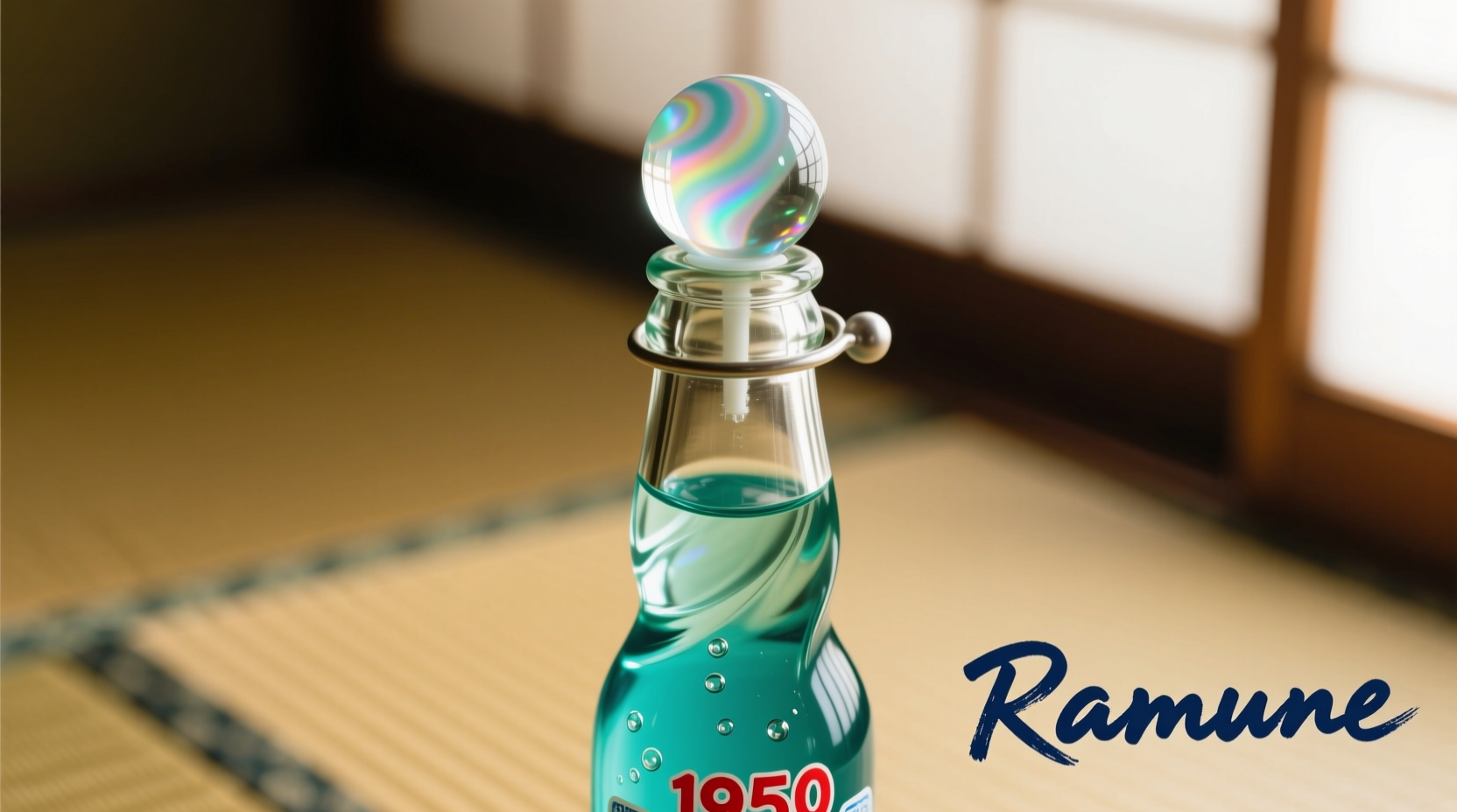 Ramune bottle showing distinctive marble stopper and colorful liquid
