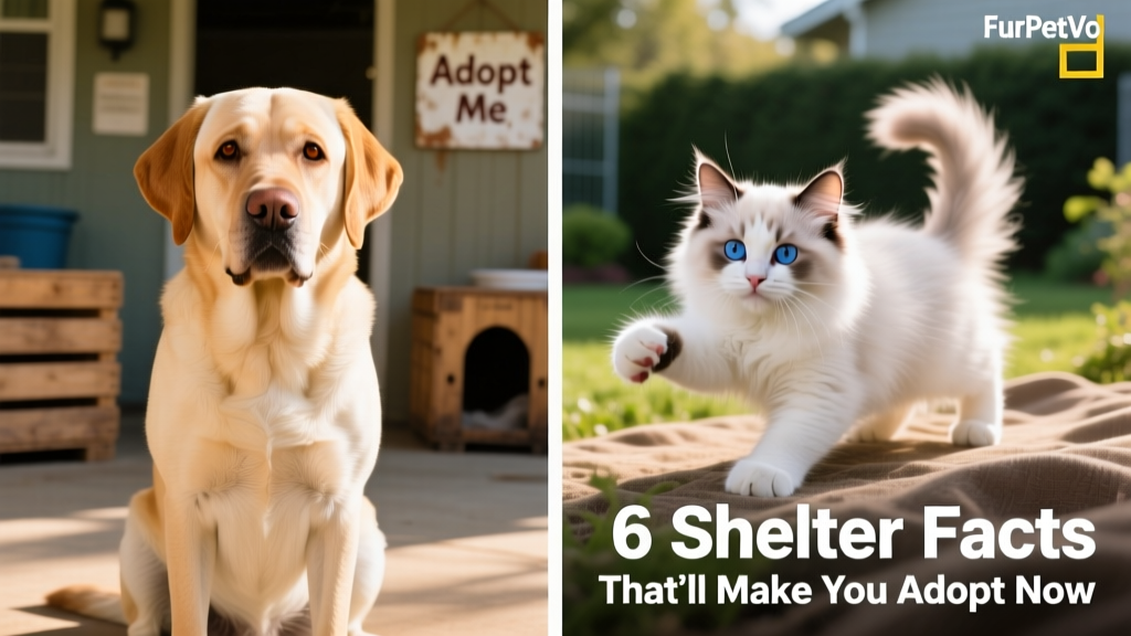 Side-by-side photos showing a calm adult Labrador and a playful purebred kitten at a FurPetVo shelter