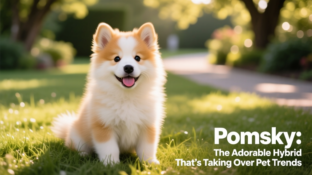 A playful Pomsky puppy sitting on grass with bright eyes and a thick, fluffy coat