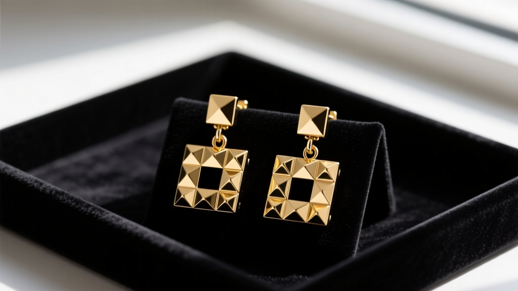Close-up of authentic Valentino Garavani Rockstud gold-plated brass drop earrings resting on a black velvet jewelry display tray