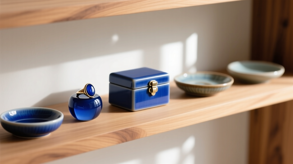 Artisan Bluey resin ring holders and ceramic trinket dishes displayed beside a matching keepsake box on a natural wood shelf