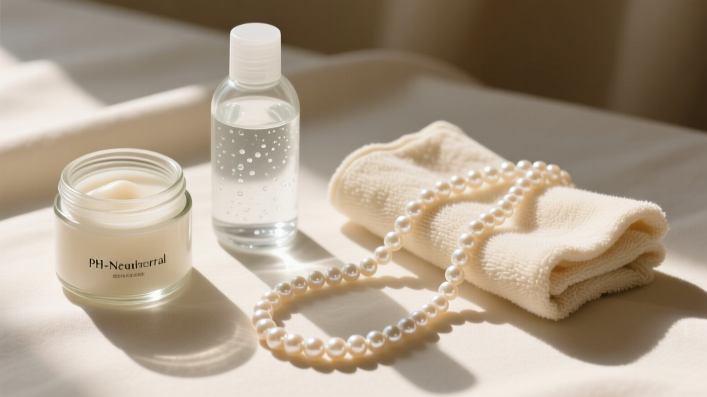 Flat lay of pearl care supplies including pH-neutral soap, distilled water, and soft chamois cloth beside a draped pearl necklace.