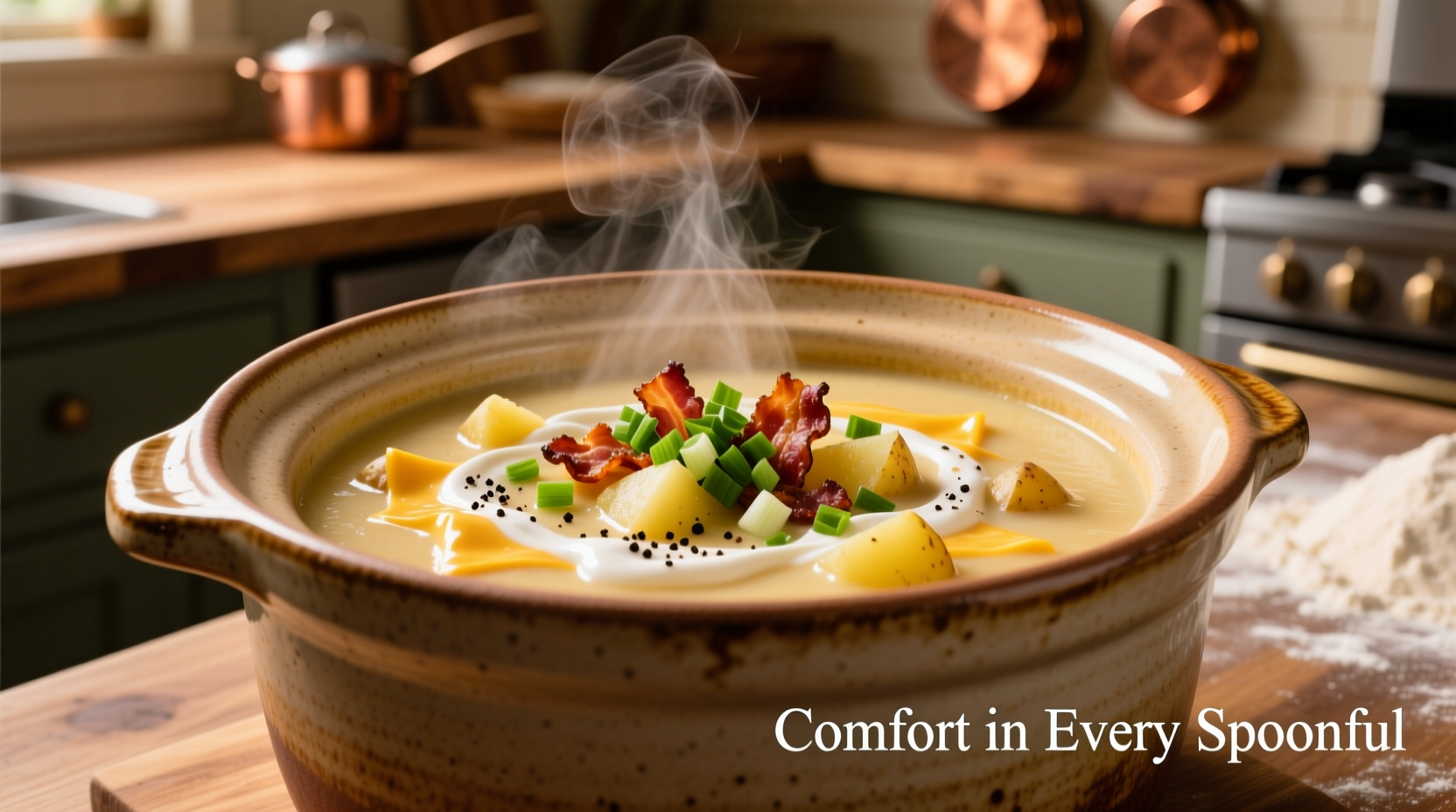 Creamy loaded potato soup in crockpot with toppings