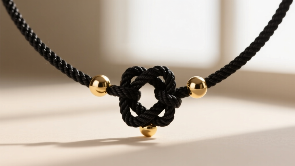 Close-up of a 1.5mm black waxed cotton cord necklace featuring a meticulously tied macrame sliding square knot with small gold beads