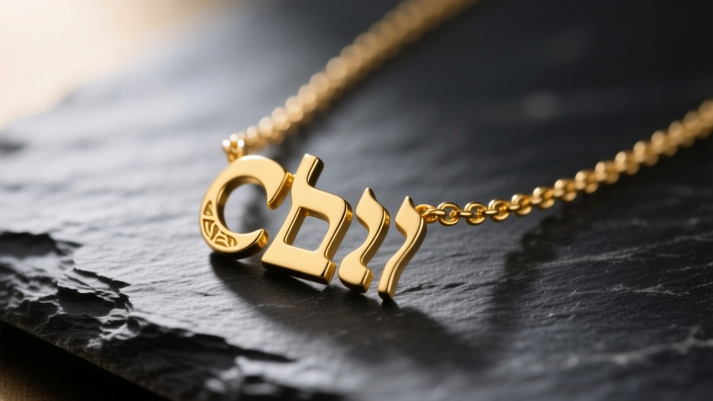 Macro shot of a 14k yellow gold Hebrew Chai necklace on dark slate, highlighting intricate letter cutouts in soft light.