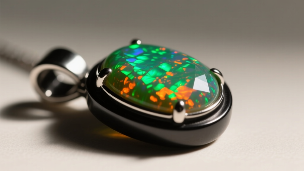 Macro shot of a boulder opal pendant showing vibrant green and orange play-of-color, set in matte black silver bezel, daylight