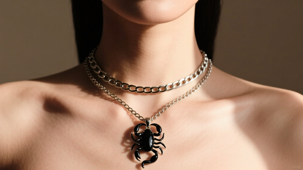 Woman wearing a layered 1.5mm box chain and black onyx scorpio pendant, photographed from the collarbone up in natural sunlight.