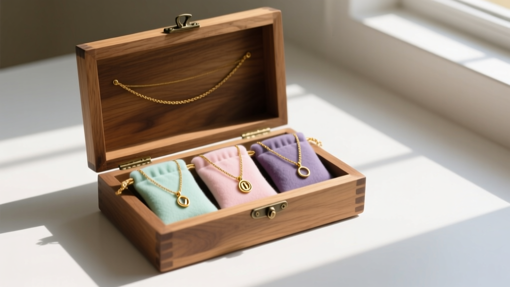 Open wooden jewelry box showing individual anti-tarnish flannel pouches storing delicate gold initial necklaces in a dry room.