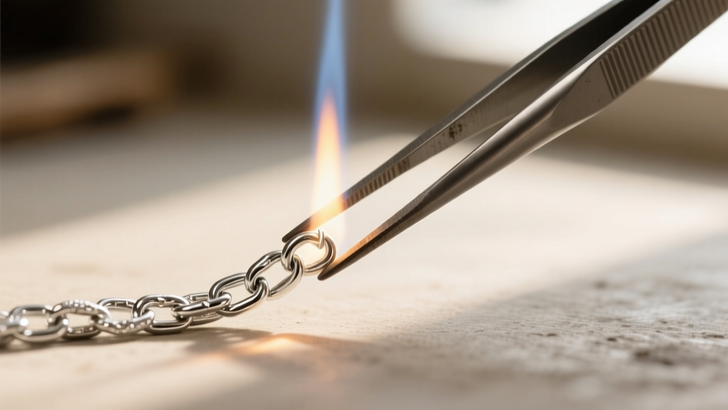 Titanium tweezers gripping a delicate silver chain link to act as a heat sink during a traditional torch soldering jewelry repair