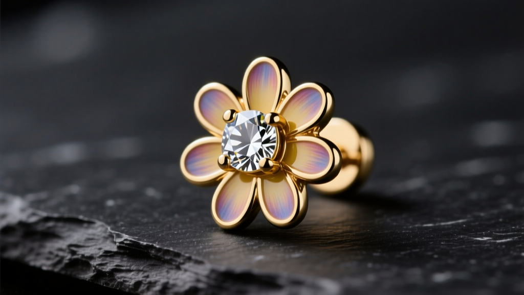 Macro photography of a gold-tone Marc Jacobs daisy stud earring resting on a dark slate surface, highlighting the intricate enamel petals and central cubic zirconia stone under studio lighting.