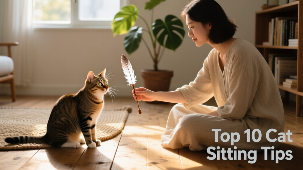 A calm, seated sitter gently offering a feather wand toy to a curious cat on the floor