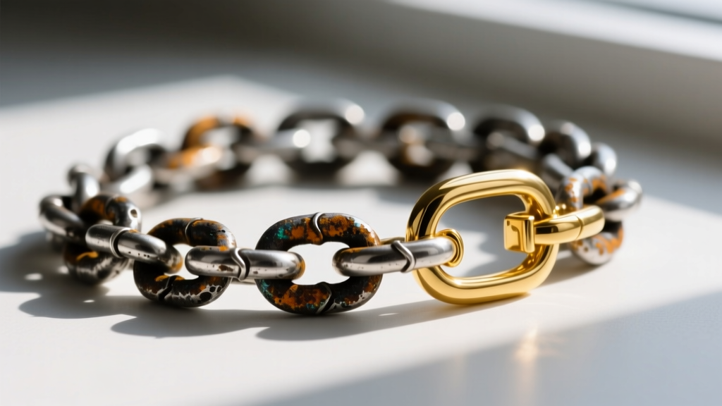 Close-up of oxidized sterling silver chain beside a pristine 18k gold clasp, showcasing dark sulfur tarnish buildup on the metal