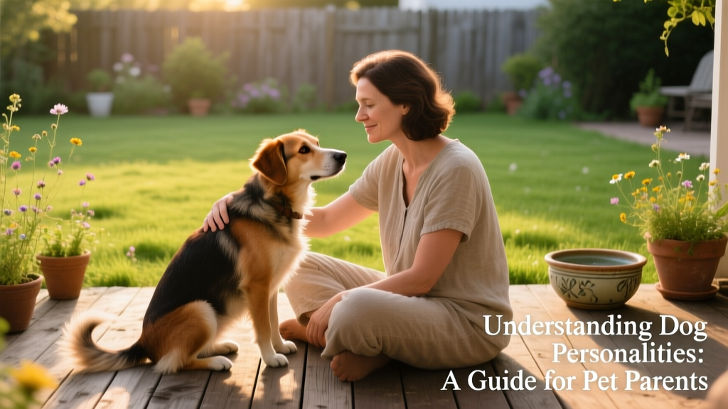 A pet parent gently observing their dog during a quiet moment—both relaxed and connected—on a grassy backyard patio