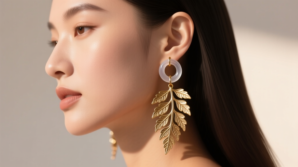 Side profile of a woman wearing heavy brass fern dangle earrings supported by clear silicone O-ring earring backs for lobe lift.