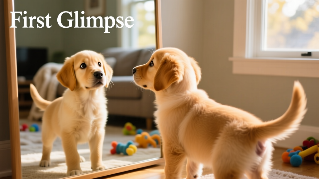 Golden Retriever puppy standing wide-eyed in front of a floor-length mirror, head tilted curiously
