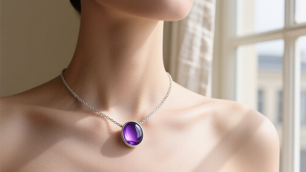 Sterling silver mood changing necklace with a violet thermochromic glass cabochon resting on a collarbone in soft window light