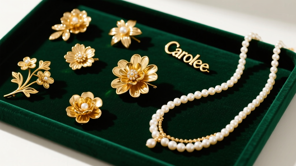 Flat lay of vintage Carolee gold-tone floral brooches and faux pearl necklaces resting on dark emerald green velvet display tray