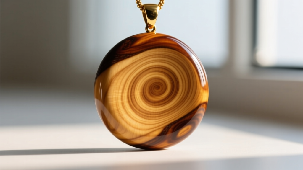 Macro shot of olive wood disc pendant showing swirling golden grain, finished with glossy carnauba wax coating in soft daylight.