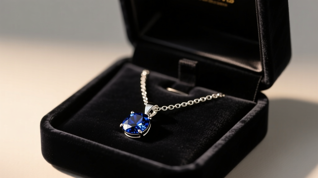 Dark velvet box revealing a 925 sterling silver chain necklace with sapphire pendant under soft warm directional studio lighting.