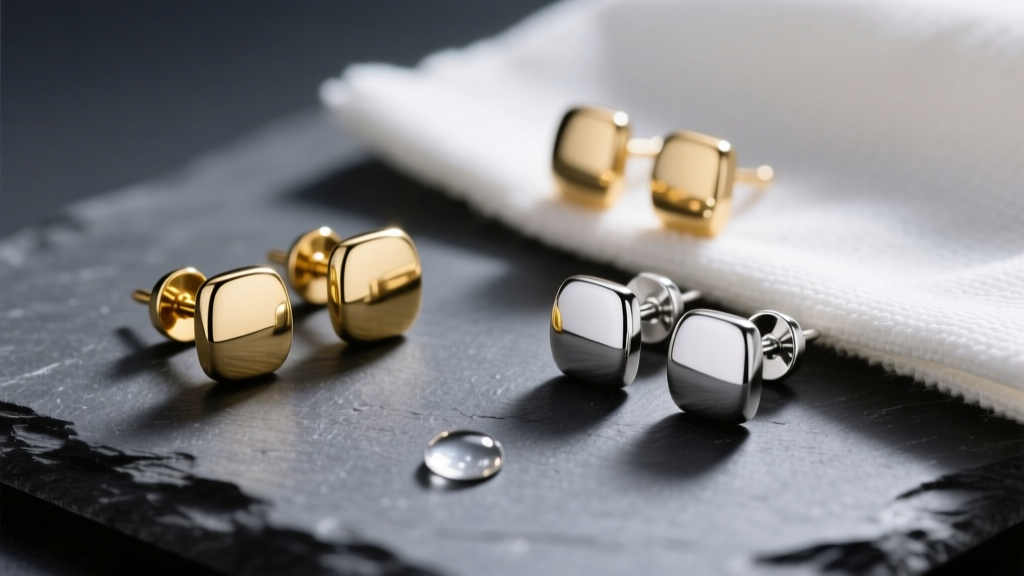 Macro shot of titanium, 14k gold, and sterling silver stud earrings on dark slate next to a microfiber cloth and saline solution.