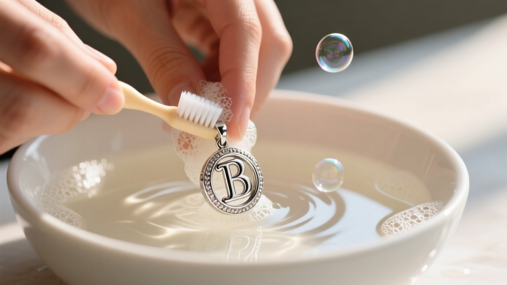 Hands scrubbing a sterling silver initial bubble pendant with a soft baby toothbrush over a ceramic bowl of warm soapy water