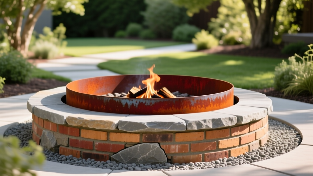 Close-up of a custom circular stone firepit with a thick Corten steel inner ring and stacked firebrick lining in a landscaped backyard