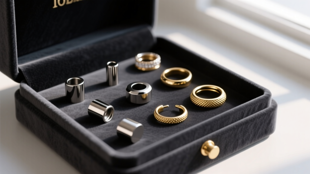 Elegant flat lay of various thickness body jewelry including 16g titanium labrets and 18g gold hoops on a dark velvet gift box