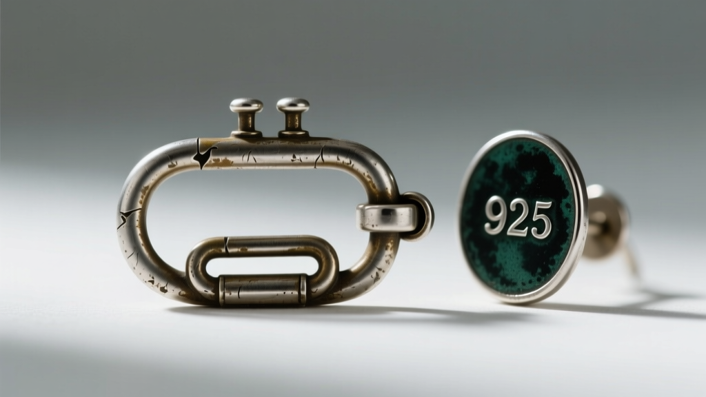 Macro photography of an authentic 1920s earring clasp showing a worn trombone safety catch and oxidized sterling hallmark stamp