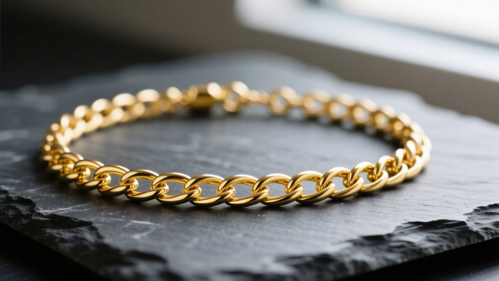 Close-up of an 18k yellow gold cable chain necklace on dark slate, softly lit to highlight the intricate metal link reflections.