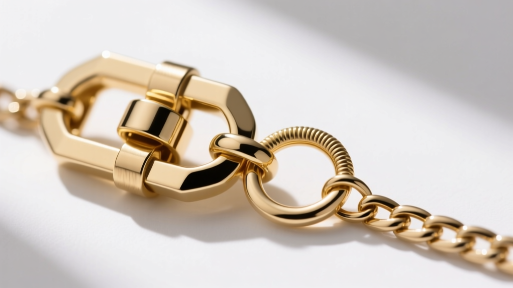 Macro photography of a 14k gold lobster clasp connecting to a jump ring on a 2.5mm Figaro chain, highlighting the metal texture
