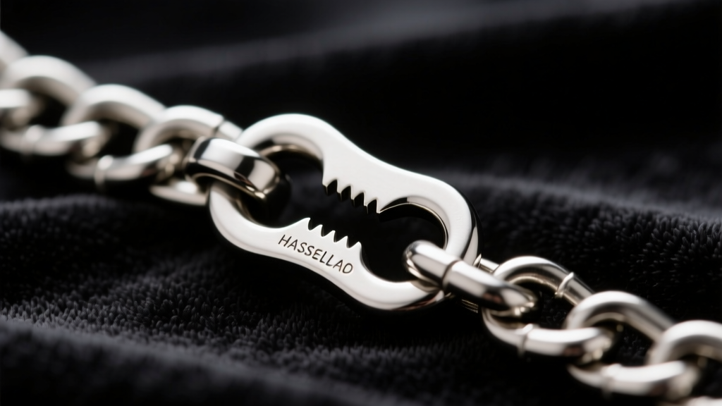 Macro shot of a 5mm stainless steel Cuban link chain clasp, highlighting a secure lobster claw mechanism against dark fabric.