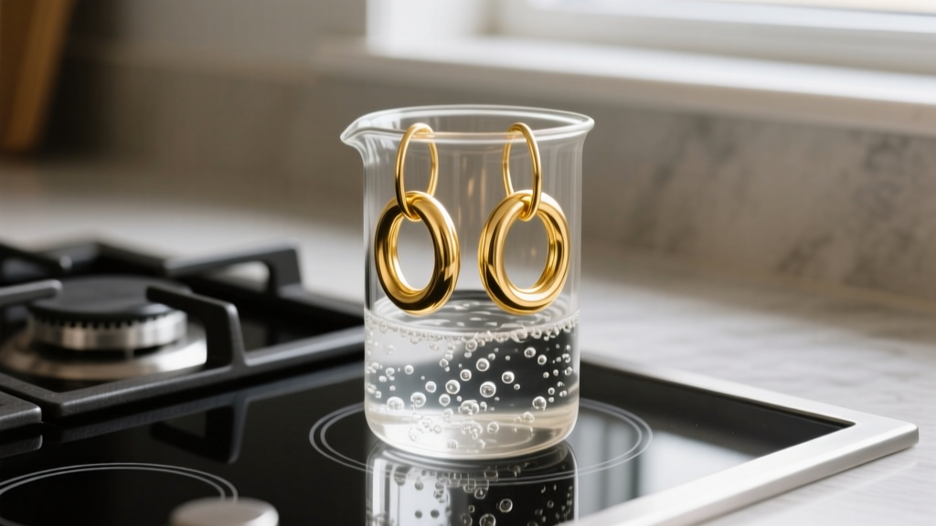 Close-up of 14k gold huggie hoops submerged in a glass beaker of gently boiling distilled water on a modern kitchen stove top