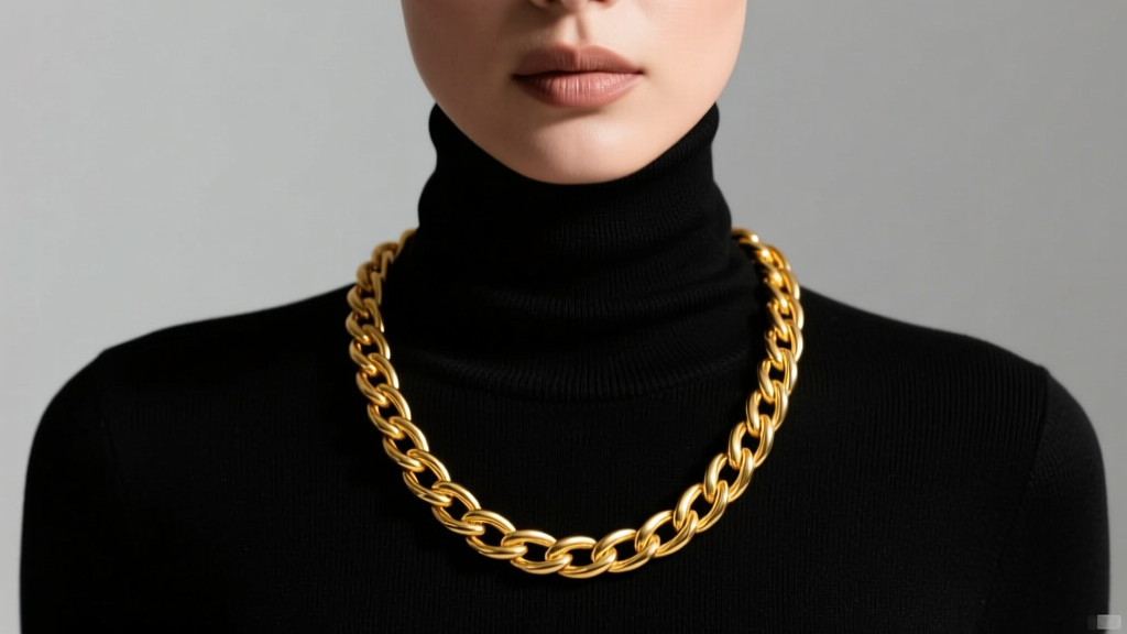 Model wearing a 32-inch solid 14k yellow gold rope chain over a black turtleneck, studio lighting highlighting interwoven links