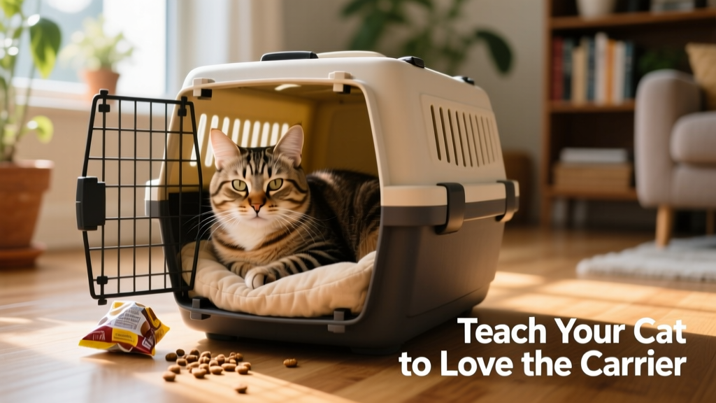 A relaxed cat resting inside an open carrier with soft bedding and treats nearby