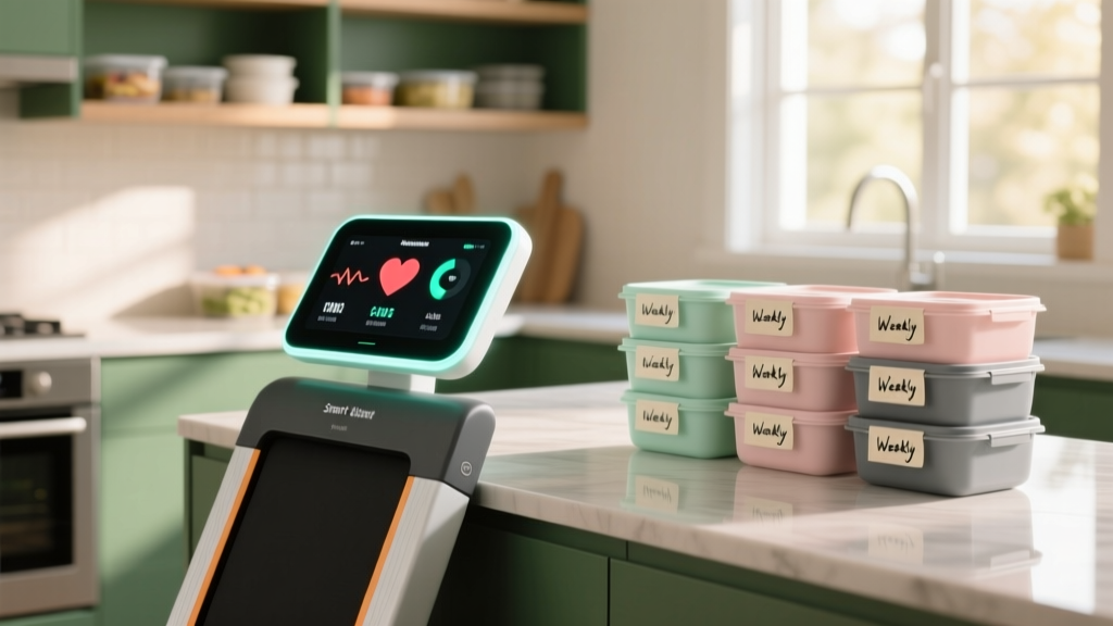 A digital smart treadmill display showing heart rate and calories burned next to a weekly meal prep container grid on a kitchen counter