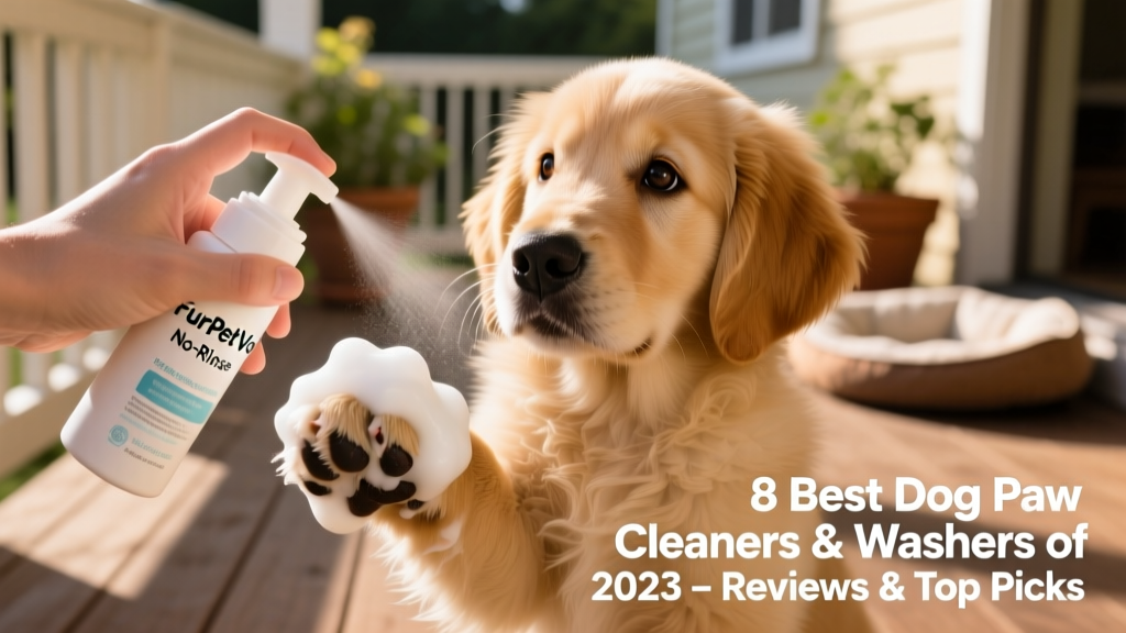 Hand spraying FurPetVo No-Rinse Foam onto a puppy’s paw, with foam visibly clinging to fur and pads