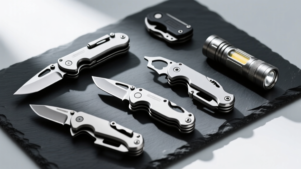 Flatlay of titanium multitools, pocket knives, and tactical flashlights on dark slate for a 2026 EDC outdoor gear gift guide.