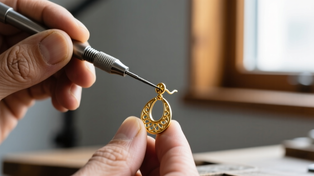 Macro shot of a jeweler using a micro-screwdriver to adjust the tension spring on a vintage gold screw-back clip-on earring.