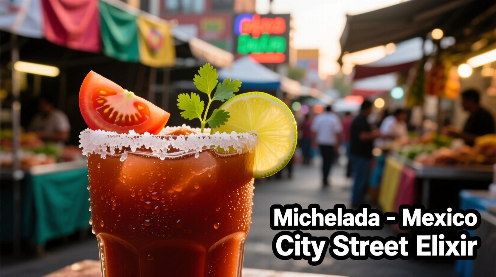 Michelada cocktail in salt-rimmed glass with tomato garnish