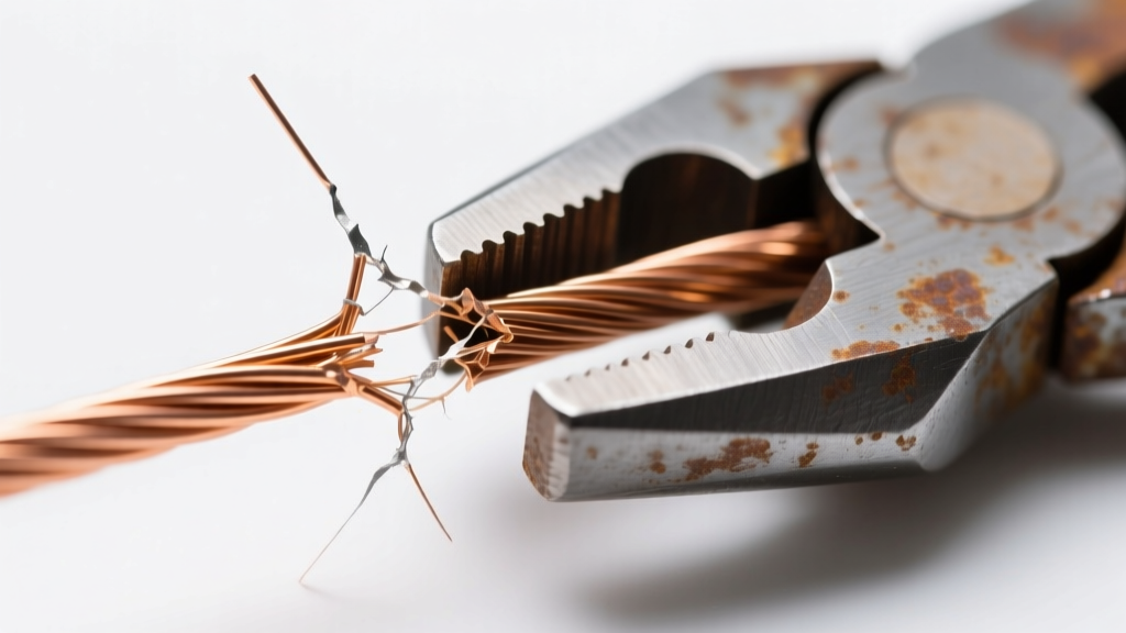 Macro shot of 20-gauge copper wire cut with cheap pliers, showing a sharp pinch mark and jagged edge on a white background.