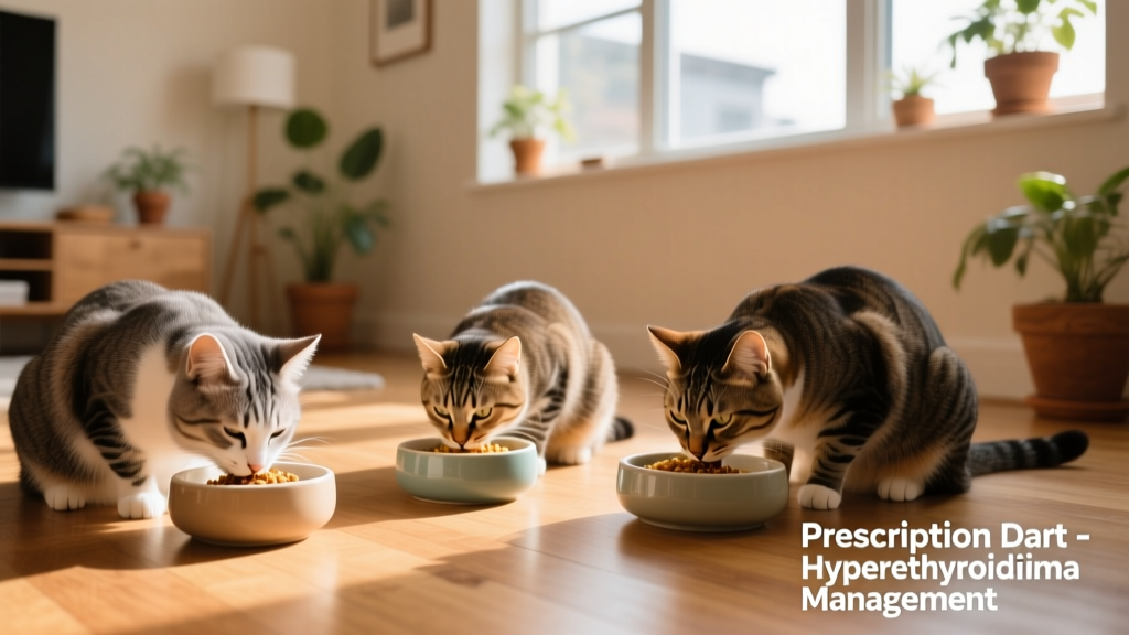 Cats eating from separate bowls—one on a prescription therapeutic diet