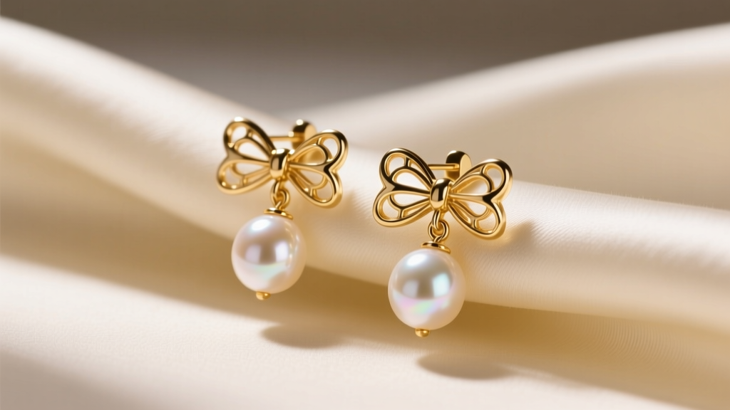 Close-up of 14k gold bow earrings with pearls dangling on cream silk fabric under warm, diffused studio lighting.