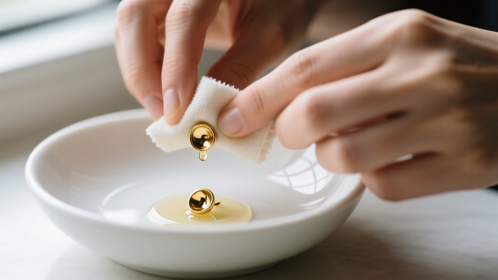 Hands gently scrubbing a 20-gauge brass stud earring with a soft microfiber cloth and mild dish soap over a white ceramic bowl.