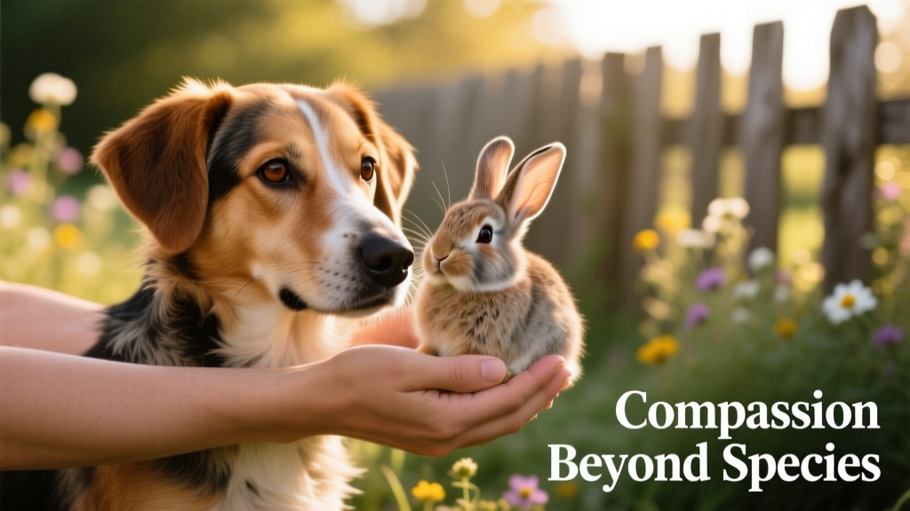 Two hands gently holding a rescued dog and a rescued rabbit side by side, symbolizing compassion across species