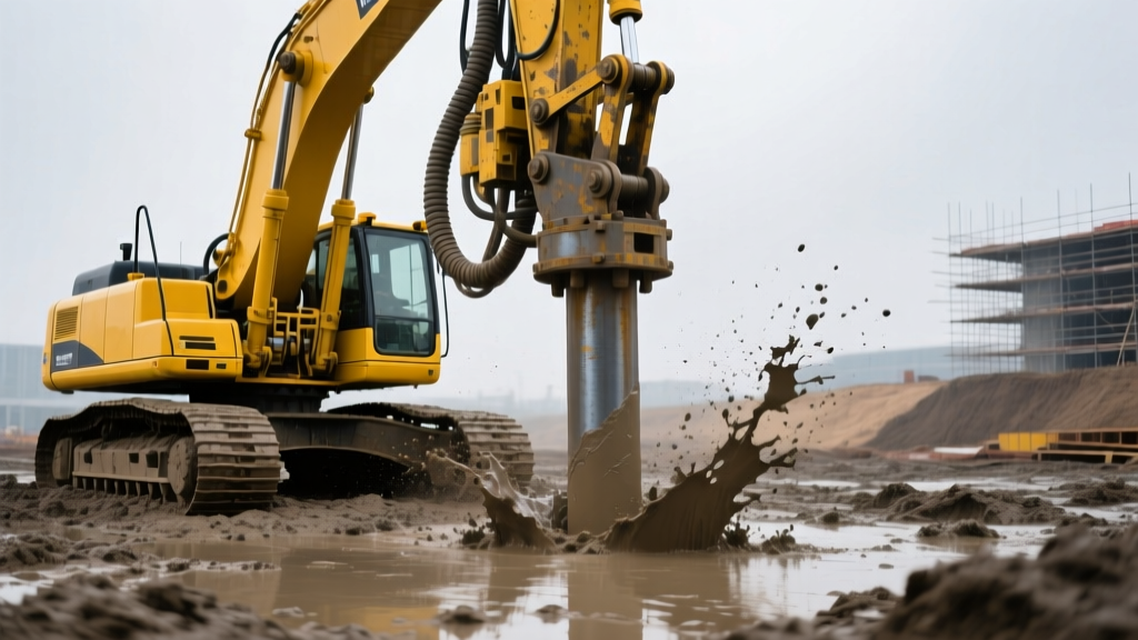 Heavy duty yellow hydraulic piling rig driving a steel H-pile into muddy soil at a commercial construction site under an overcast sky
