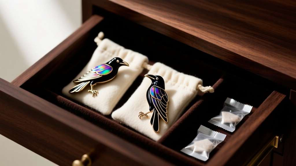 Raven earrings inside anti-tarnish flannel pouches, placed next to silica gel packets within an open, dark wood jewelry drawer.