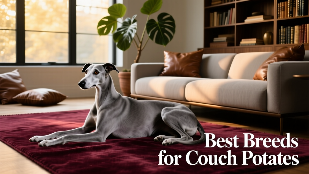 A Greyhound lounging elegantly on a plush rug beside a sofa