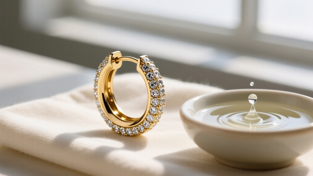 Macro shot of diamond-encrusted 14g gold hoop earring on microfiber cloth next to a small bowl of gentle jewelry cleaning solution