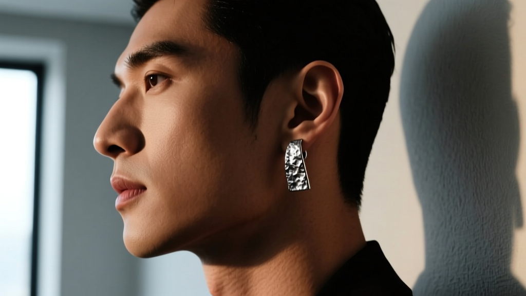 Side profile of a male model with a strong jawline wearing a 2-inch oxidized silver drop earring, moody cinematic lighting setup.