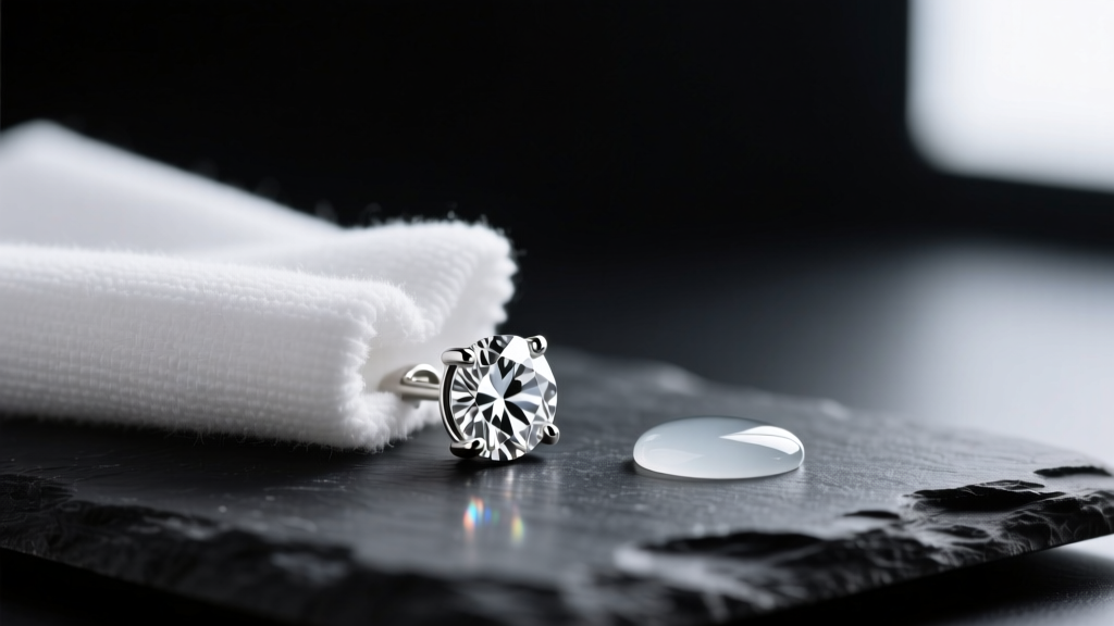 A soft microfiber cloth gently wiping a rhodium plated diamond stud earring resting on dark slate next to a mild pH-neutral soap